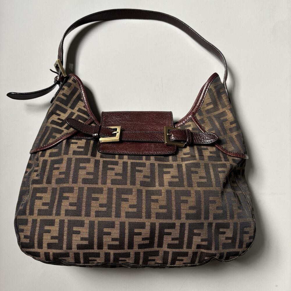 Fendi Zucca Print Brown Leather Shoulder Bag Hobo Canvas Vintage